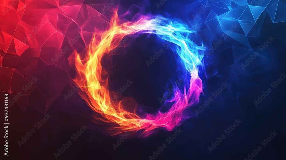 Vibrant circular flame with blue to red pink gradient, glowing on a dark background with abstract geometric patterns Vibrant circular flame with blue to red pink gradient, glowing on a dark background with abstract geometric patterns