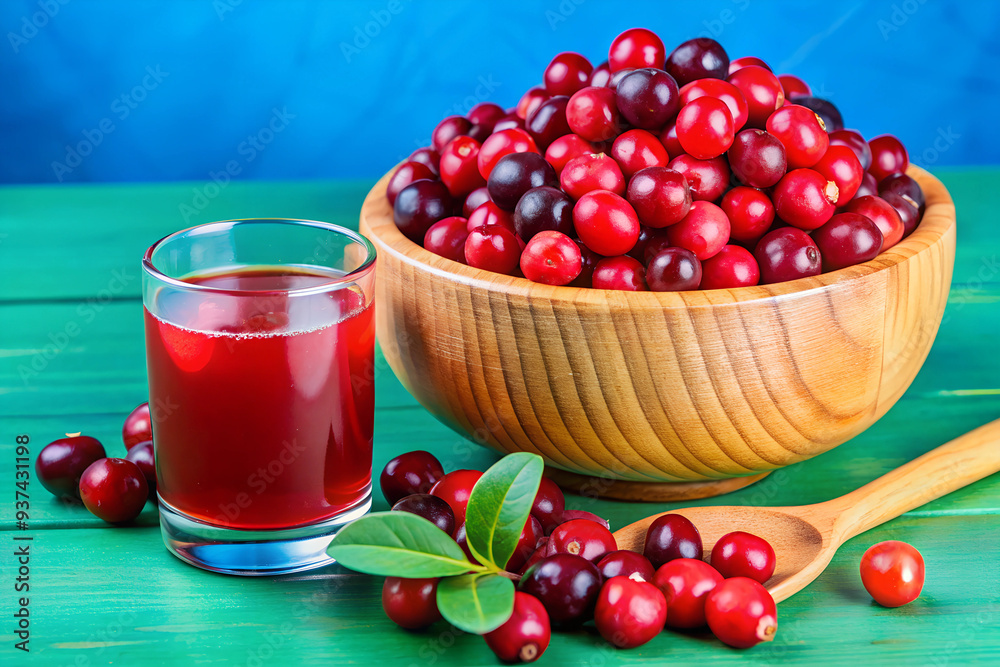 Close-up cranberries in a wooden bowl and a glass of cranberry juice nearby Close-up cranberries in a wooden bowl and a glass of cranberry juice nearby
