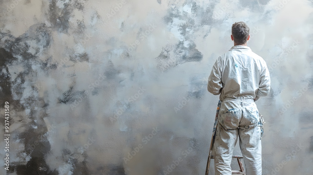 Man in White Painter's Overalls: A man in white painter's overalls, holding a paintbrush and standing next to a freshly painted wall.
Man in White Painter's Overalls: A man in white painter's overalls, holding a paintbrush and standing next to a freshly painted wall.