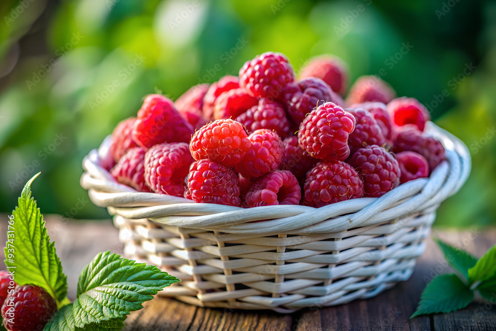 Photo, close-up raspberries in a white basket Photo, close-up raspberries in a white basket