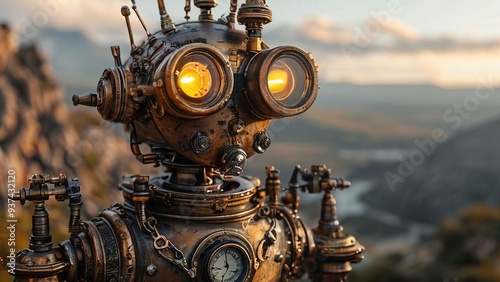 A steampunk robot stands on a mountain overlooking a valley with a river winding through it, at sunset. The robot is made of brass and copper and has large, round eyes.