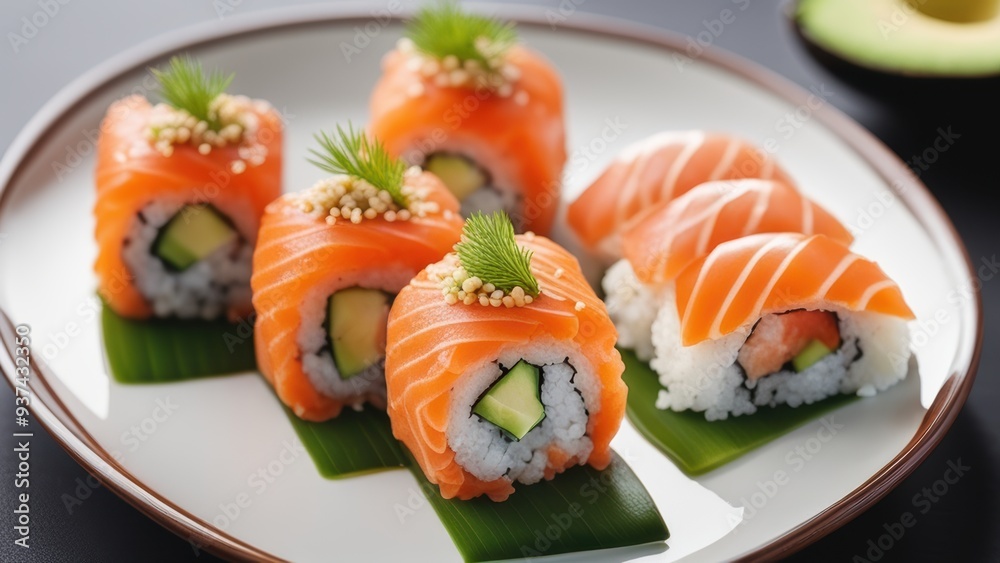 Sleek salmon cucumber avocado sushi rolls adorned with sesame seeds served simply on a dark wood table drizzled with soy sauce in a clean brown-rimmed dish. Sleek salmon cucumber avocado sushi rolls adorned with sesame seeds served simply on a dark wood table drizzled with soy sauce in a clean brown-rimmed dish.