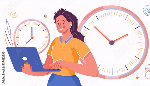 Part-time job, work tracking system, day planning or time management, side hustle or office work deadline, start and end time schedule concept, businesswoman working with laptop on split time clock