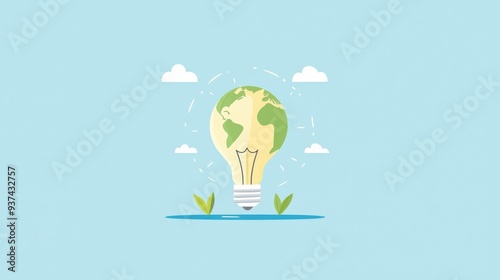 Green Energy Concept Illustration   Earth Light Bulb with Clouds and Plants