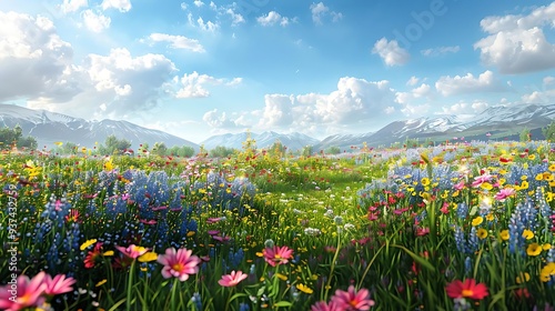 A vibrant field of colorful flowers under a bright sky with mountains in the background.