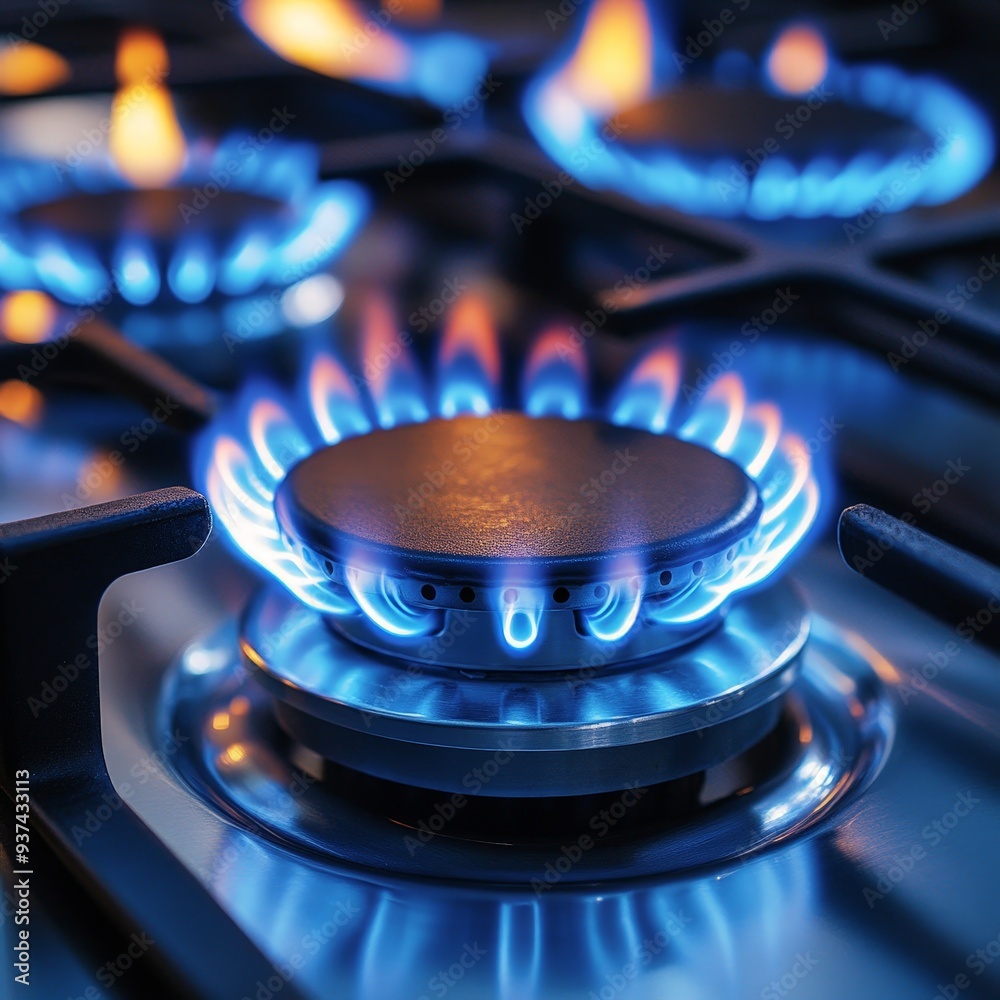 Close-Up of Gas Stove Burner with Vibrant Blue Flame Close-Up of Gas Stove Burner with Vibrant Blue Flame