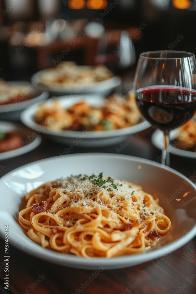 A plate of pasta with a glass of red wine on a table A plate of pasta with a glass of red wine on a table