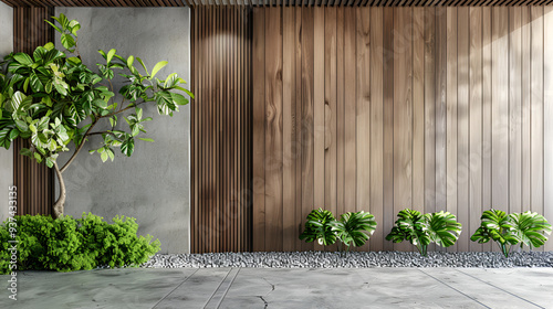 A 3D rendering of an exterior wooden balcony surrounded by an empty concrete wall ai generative.