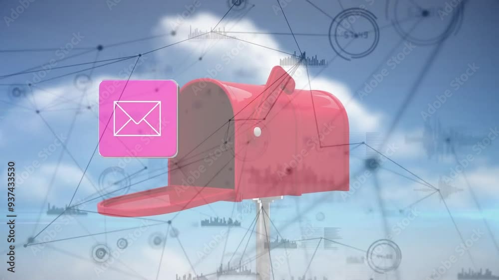 Mail Animation Red Red mailbox with email icon and network connections animation over blue ...