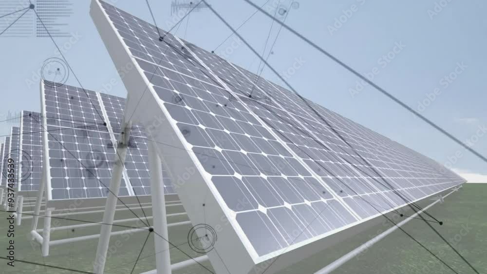 Solar panels with data processing animation over sky and green field Solar panels with data processing animation over sky and green field