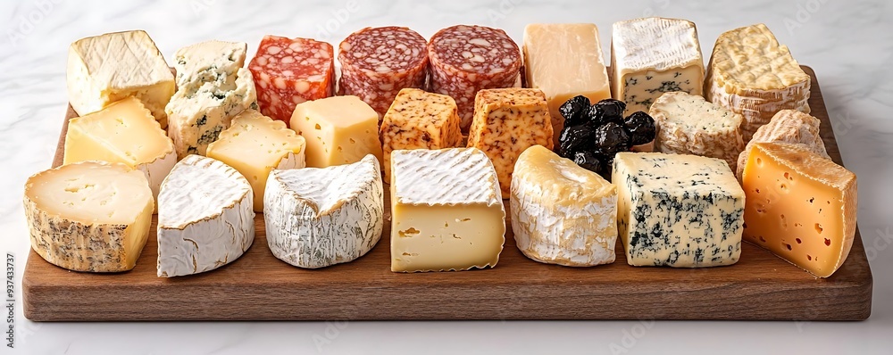 Gourmet Cheese and Salami Board - A Delicious Spread of Soft, Hard, and Blue Cheeses, Salami, and Olives, Photo Gourmet Cheese and Salami Board - A Delicious Spread of Soft, Hard, and Blue Cheeses, Salami, and Olives, Photo