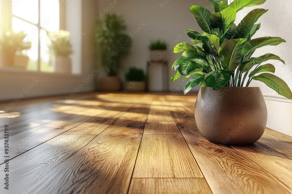 Fototapeta premium Indoor plant in ceramic pot on wooden floor with sunlight