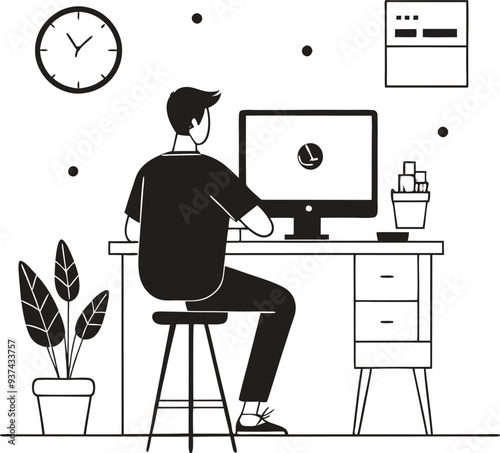 man working on computer. freelancing work people sitting at office desk. vector illustration