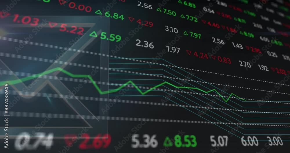 Stock market data and financial trends animation over digital display