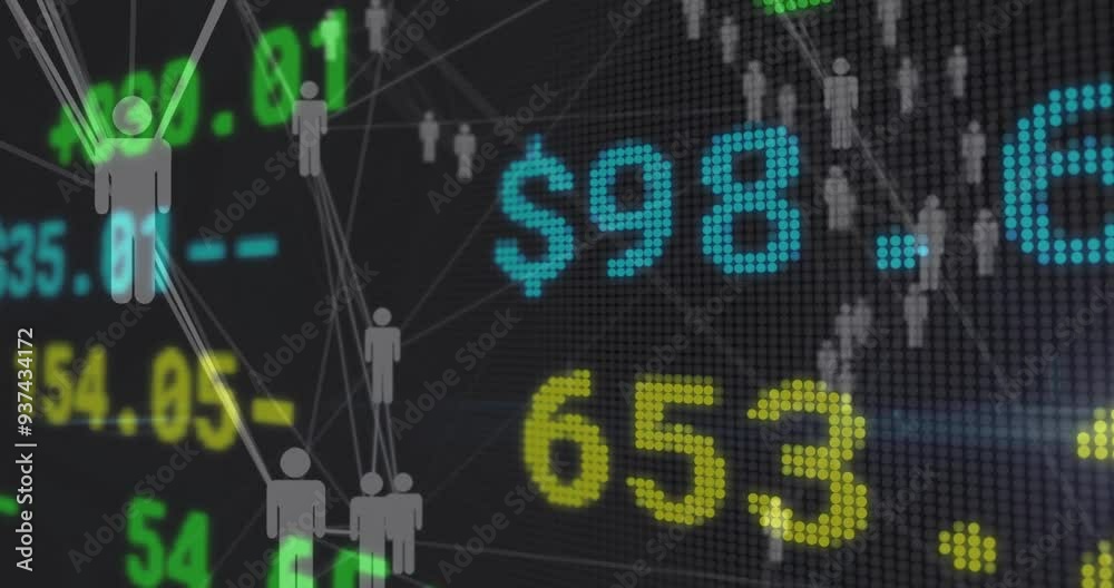 Stock market data and figures animation over silhouettes of people networking Stock market data and figures animation over silhouettes of people networking