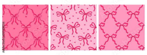 Set of seamless patterns with pink bows. Vector graphics.