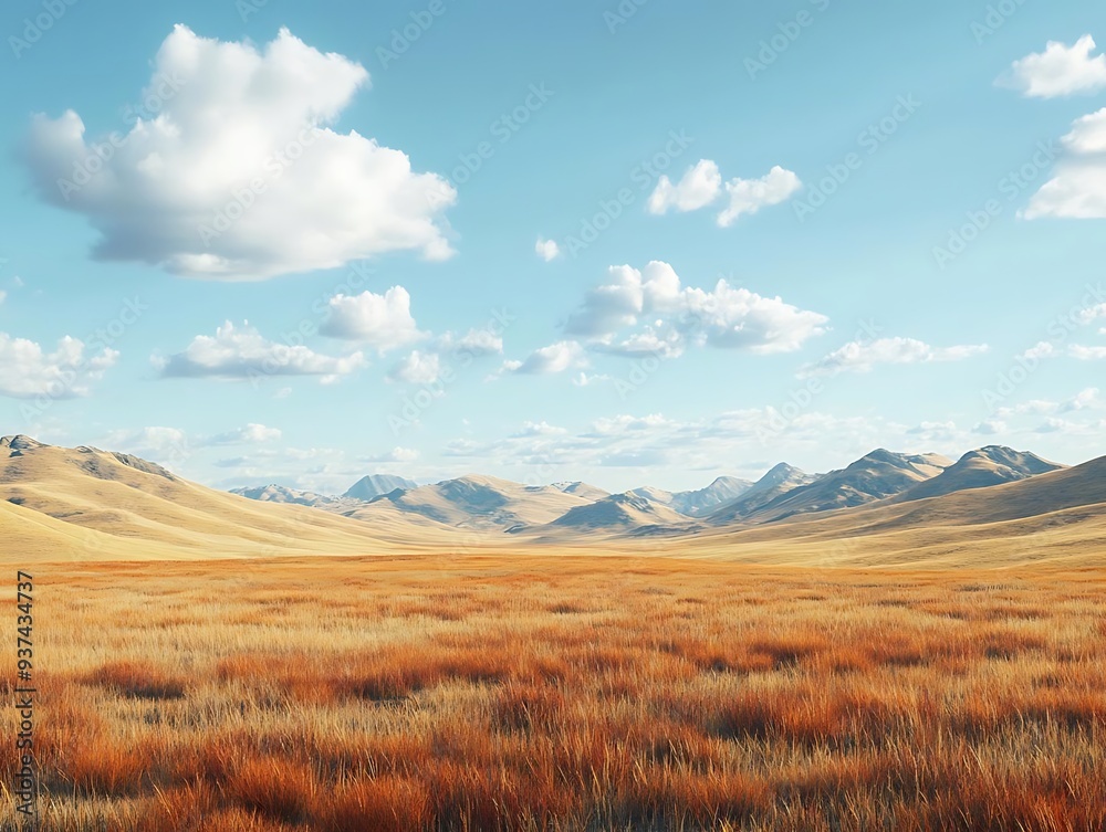 Golden Grass Field Landscape with Mountains and Blue Sky 3D Illustration Golden Grass Field Landscape with Mountains and Blue Sky 3D Illustration