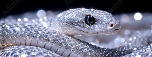 close up white snake made of diamonds and rhinestones, luxury glittery sparkly symbol of new year, wisdom and wealth animal wallpaper, magic reptile jewelry