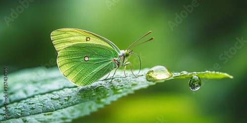 Fototapeta Naklejka Na Ścianę i Meble -  Butterfly on dewdrop. A green butterfly rests on a dewdrop on a green leaf.