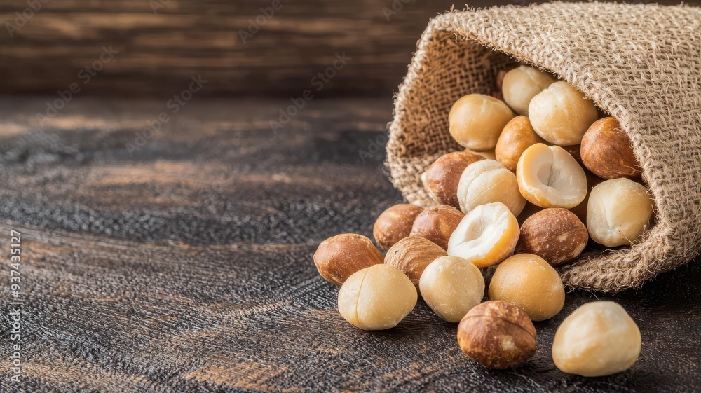 Fototapeta premium Fresh organic macadamia nuts spilling from a sack, smooth texture, 3D illustration