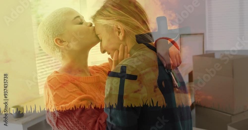 Comforting friend, woman kissing forehead with cross animation at sunset photo