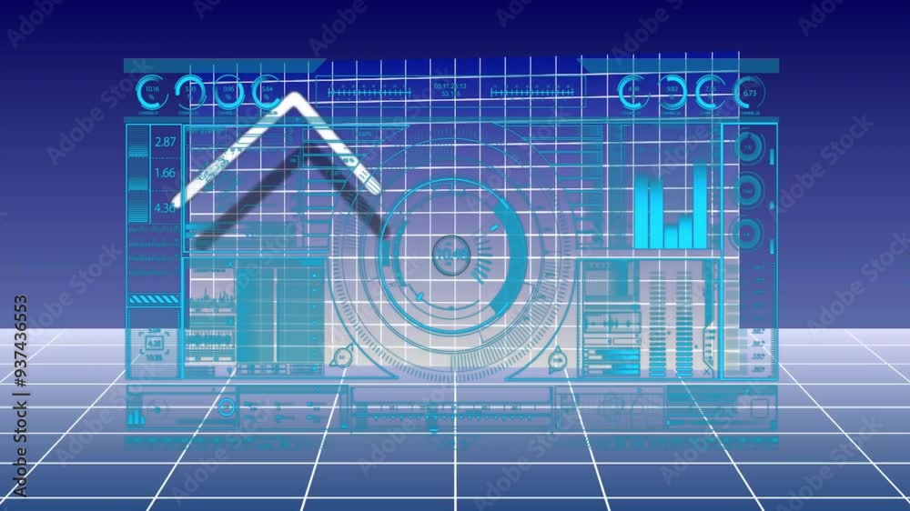 Financial data analysis animation with graphs and charts over grid background