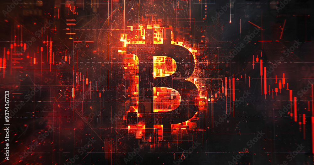 Bitcoin, crypto exchange, red growth chart, black background