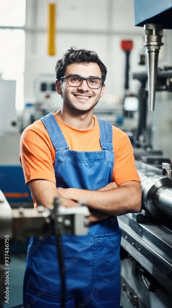 Indian male industrial worker standing near a machine in a factory, observing equipment, factory environment Indian male industrial worker standing near a machine in a factory, observing equipment, factory environment
