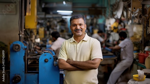 Indian standing in front of machines at his industrial workshop, observing equipment, factory environment, industrial safety