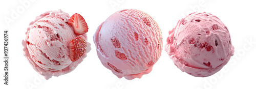 Strawberry ice cream scoops set isolated on transparent background, creamy strawberry ice cream for desserts