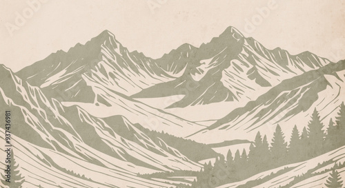 Mountain landscape. Vector graphics. Logo design for use in graphics. T-shirt print, tattoo design. Minimalist illustration for printing on wall decorations. Vintage grunge old .