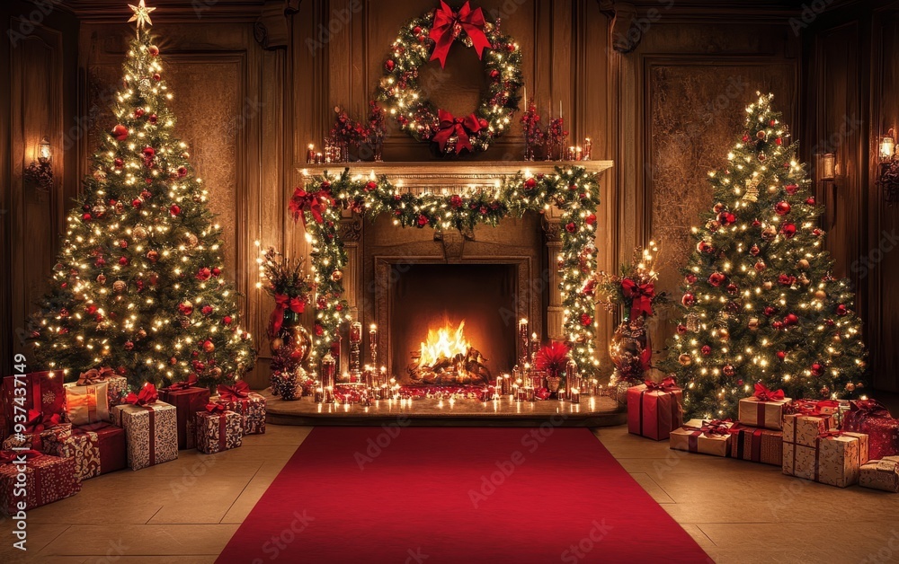 Fototapeta premium Festive Christmas fireplace Winter and Christmas holidays background