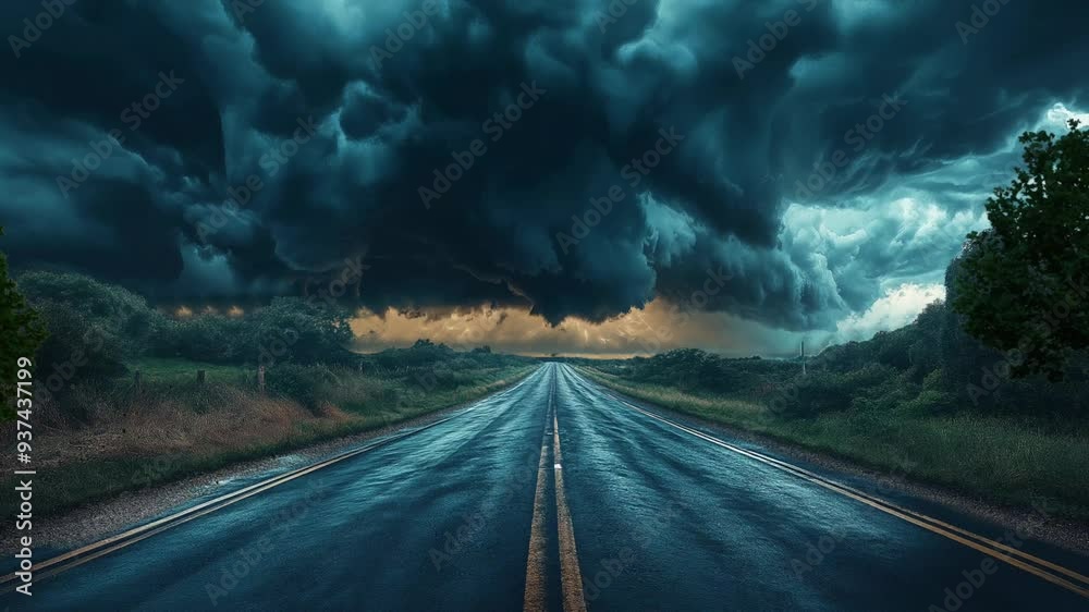 Straight asphalt country road with rain, storm, lightning and dark cloud motion animation video background 