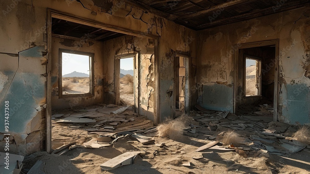 The interior of an abandoned house in the desert, with broken windows and doors, and a dusty floor.