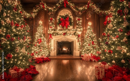 Festive Christmas fireplace Winter and Christmas holidays background