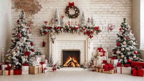 Festive Christmas fireplace Winter and Christmas holidays background