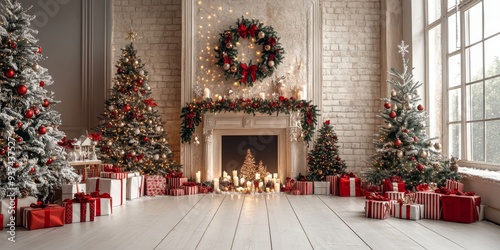 Festive Christmas fireplace Winter and Christmas holidays background