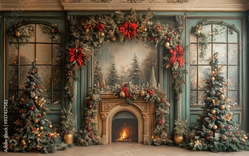Festive Christmas fireplace Winter and Christmas holidays background