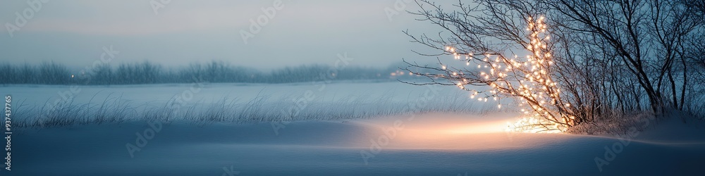 Winter landscape with warm lights on tree, tranquil scene. Winter landscape with warm lights on tree, tranquil scene.