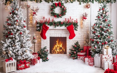 Festive Christmas fireplace Winter and Christmas holidays background