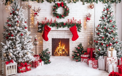 Festive Christmas fireplace Winter and Christmas holidays background