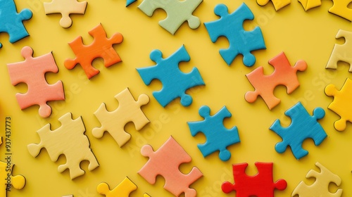 Image of colorful puzzle pieces scattered randomly on a vibrant yellow background, creating a playful and engaging visual concept.