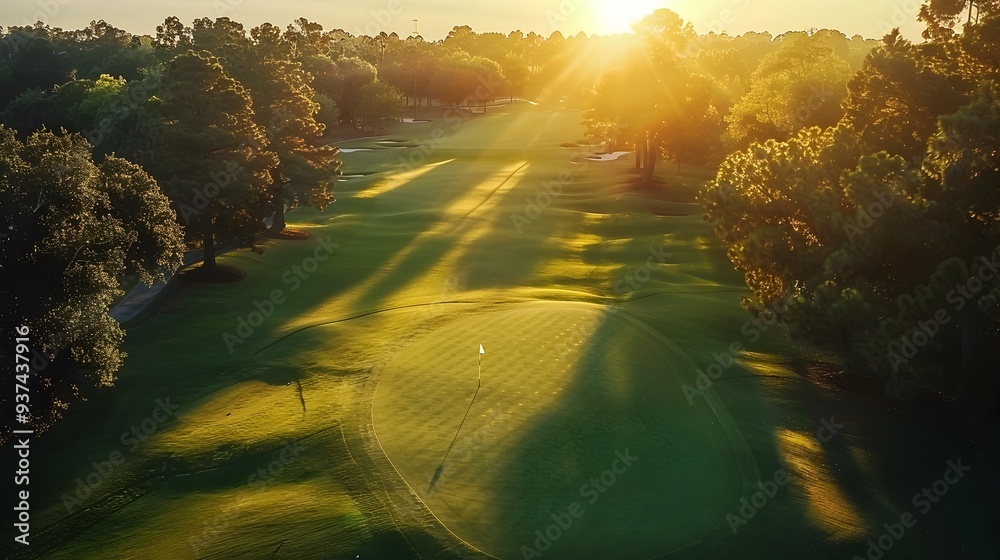 Obraz premium Breathtaking Golf Course at Sunset with Lush Fairways and Scenic Vistas