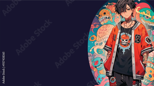 Foto ILLUSTRATION OF A BOY IN COLORFUL OVERSIZED HARAJUKU CLOTHES, ANIME STYLE