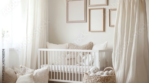 Enchanting Nursery Decor: A Serene White Crib Surrounded by Soft Fabrics, Natural Light, and Playful Textures - Perfect for a Cozy Children's Room Poster!