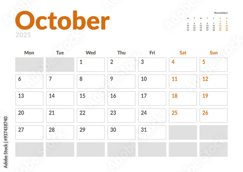 Monthly page Calendar Planner Template of October 2025 with a small preview on next moth. Vector layout of calendar with week start Monday for Scheduling. Page for size A4 or 21x29.7 cm