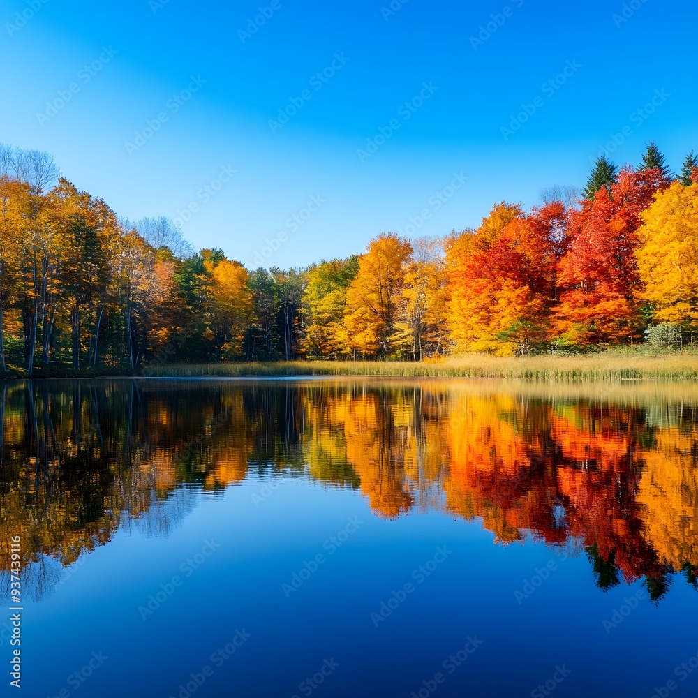 A still lake surrounded by colorful autumn trees, their reflection mirrored perfectly on the water's surface, under a clear blue sky A still lake surrounded by colorful autumn trees, their reflection mirrored perfectly on the water's surface, under a clear blue sky