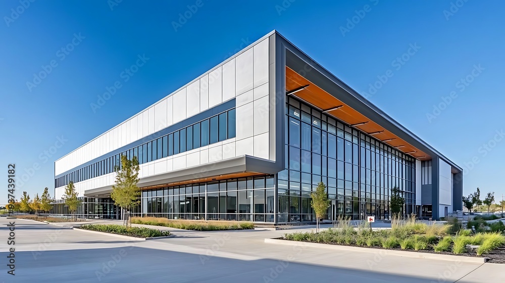 Modern Office Building with Glass Facade and Landscaping - Photo Modern Office Building with Glass Facade and Landscaping - Photo