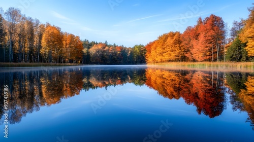 A still lake surrounded by colorful autumn trees, their reflection mirrored perfectly on the water's surface, under a clear blue sky