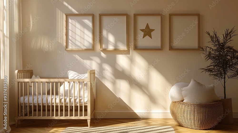 Chic Child's Room Poster: Contemporary Crib with Soft Linens, Star Pillow, Minimalistic Frames, Playful Shadows, Stylish Lamp, and Plush Basket for a Cozy, Serene Nursery Décor Chic Child's Room Poster: Contemporary Crib with Soft Linens, Star Pillow, Minimalistic Frames, Playful Shadows, Stylish Lamp, and Plush Basket for a Cozy, Serene Nursery Décor